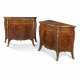 A PAIR OF GEORGE III LACQUERED-GILT-BRONZE-MOUNTED KINGWOOD, HAREWOOD, AMARANTH AND MARQUETRY SERPENTINE COMMODES - photo 1