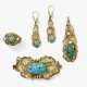 A parure consisting of a brooch, pendant, pair of drop earrings, ring with turquoises with matrix and cultured pearls. Germany, 1950s to 1970s - photo 1