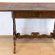 Biedermeier-Klapptisch, Mahagoni furniert, über lyraförmigen verstebten Seitenwangen 1-schübige Zarge und Platte mit beidseitig abklappbaren Platten, 79x89/147x58 cm - photo 1