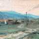 "Berglandschaft mit Hütten und Strommasten am Wegrand", Öl/ Karton, unsign., 8,5x20,5 cm, im Passepartout, ungerahmt - photo 1