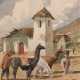 Guzman, Manuel Morales (1914-1981) "Alpakas mit Bauern vor der Kirche", Aquarell, sign. u.r., 36,5x27,5 cm, im Passepartout hinter Glas und Ramen - фото 1
