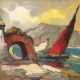 "Südländische Küstenlandschaft mit Segelbooten", 1950er Jahre, Öl/Lw., unleserl. signiert u.r., 36x69 cm, Rahmen - фото 1