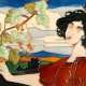 Jugendstil-Fliese "Dame mit Trauben vor einer Landschaft", Keramik, reliefierte Strukturen, farbig glasiert, Entwurf Carl Sigmund Luber, Rand mit min. Chip, 20x30 cm - photo 1