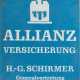 Emaille-Reklameschild "Allianz", hellblau mit weißer Schrift "Allianz Versicherung - H.-G. Schirmer - Generalvertretung", seitl. Fehlstelle, 43,5x32x1 cm - photo 1