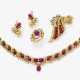 A set consisting of a necklace, pendant/brooch, a pair of clip earrings, and a ring with rubies and brilliant-cut diamonds - photo 1