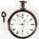 Spindel-Taschenuhr im silbernen Übergehäuse, emailliertes Zifferblatt mit römischen Zahlen, dezentraler Sekunde und Datumsanzeige, mit Schlüssel, Gebrauchspuren, gangfähig, Ges.-Dm. 6,2 cm - Foto 1