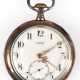 Taschenuhr "Omega", um 1900, mit Handaufzug, 2 Deckel 800er Silber, emailliertes Zifferblatt (mit Haarriss) mit arabischen Zahlen und dezentraler Sekunde, filigran durchbrochene Zeiger, Glas defekt, gangfähig,… - Foto 1