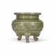 A MOULDED AND CARVED YAOZHOU CELADON-GLAZED TRIPOD CENSER - фото 1