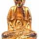 Figur "Buddha auf Lotusthron sitzend", Holz mit Restvergoldung, Gebrauchspuren, H. 17 cm - photo 1 Figur "Buddha auf Lotusthron sitzend", Holz mit Restvergoldung, Gebrauchspuren, H. 17 cm - photo 1