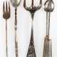 4 Russische Besteckteile, dabei Zuckerzange, kleine Vorlegegabel, Sardinenheber, 84er (875) Zolotniki und Kaviarlöffel 925er Silber, ca. 82 g - фото 1 4 Russische Besteckteile, dabei Zuckerzange, kleine Vorlegegabel, Sardinenheber, 84er (875) Zolotniki und Kaviarlöffel 925er Silber, ca. 82 g - фото 1