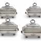 A SET OF FOUR GEORGE III SILVER ENTREE DISHES AND COVERS WITH OLD SHEFFIELD PLATE WARMING STANDS EN SUITE - photo 1 A SET OF FOUR GEORGE III SILVER ENTREE DISHES AND COVERS WITH OLD SHEFFIELD PLATE WARMING STANDS EN SUITE - photo 1