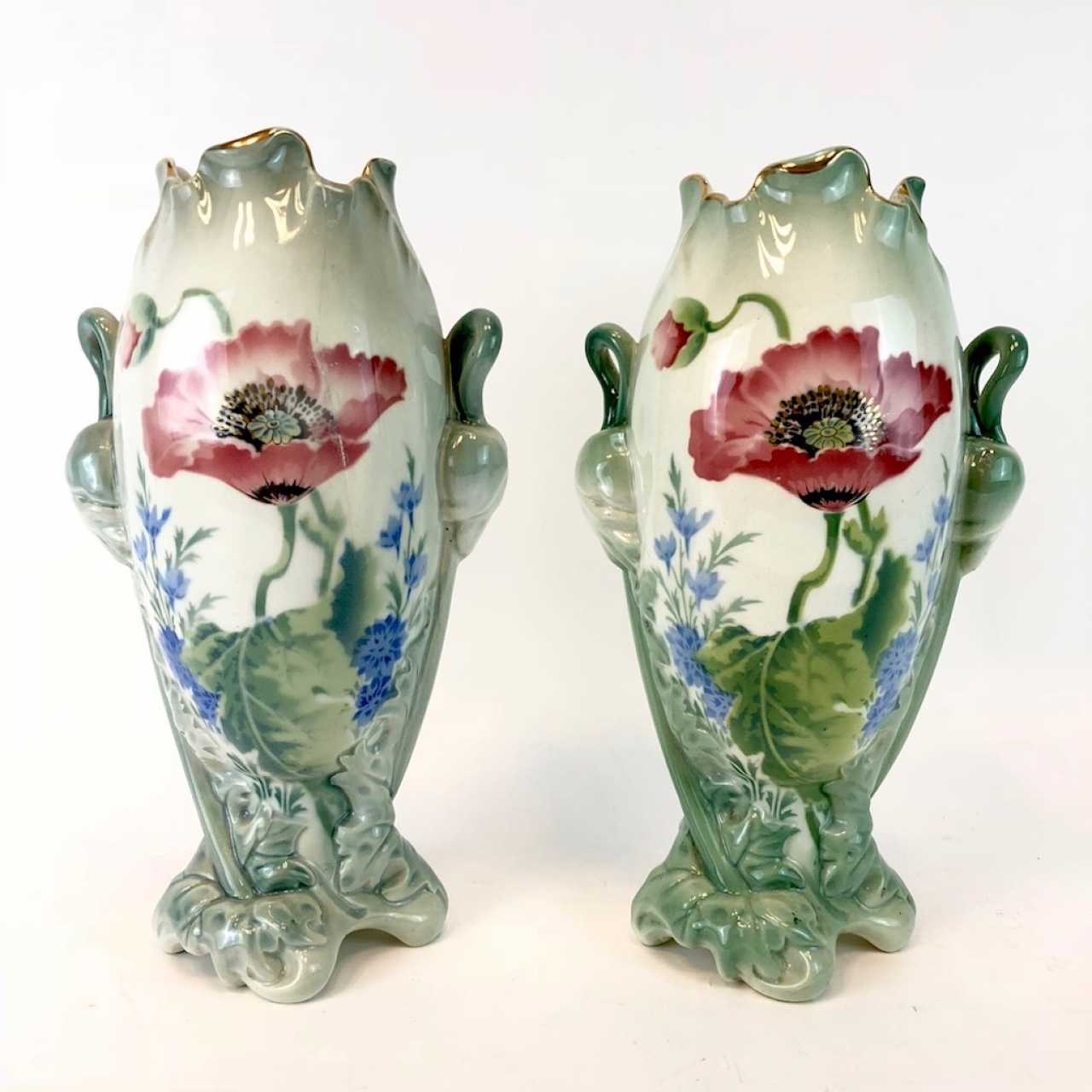 Auction Pair Of Art Nouveau Style Vases: Decor, Poppies And Larkspur ...