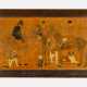 Sporting panel with three horse riders and dogs coloured wood partly painted and polished damages around 1900 - фото 1
