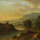 Zwei Gemälde: Bergige Flusslandschaft mit Personen. Sowie Sonnenaufgang in Landschaft - Foto 1