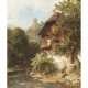 WEYSSER, KARL (Durlach 1833-1904 Heidelberg), "Wäscherin und Kinder vor dem Haus am Fluss", - фото 1