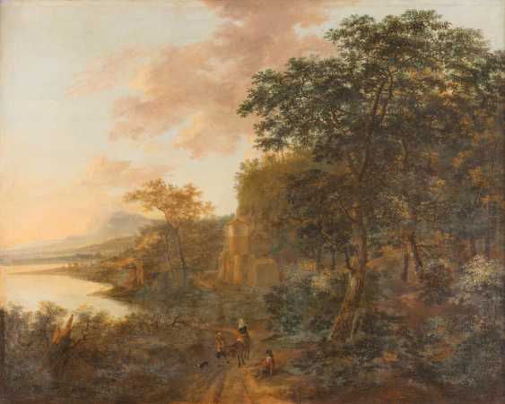 Auction Wooded Mountain Landscape With Castle Ruins And Travelers