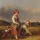 Nachernte Zwei Kinder mit Hund im abgeernteten Getreidefeld, letzte Ähren sammelnd. , Ranftl, Johann Matthias 1804 Wien - 1854 ebenda - фото 1