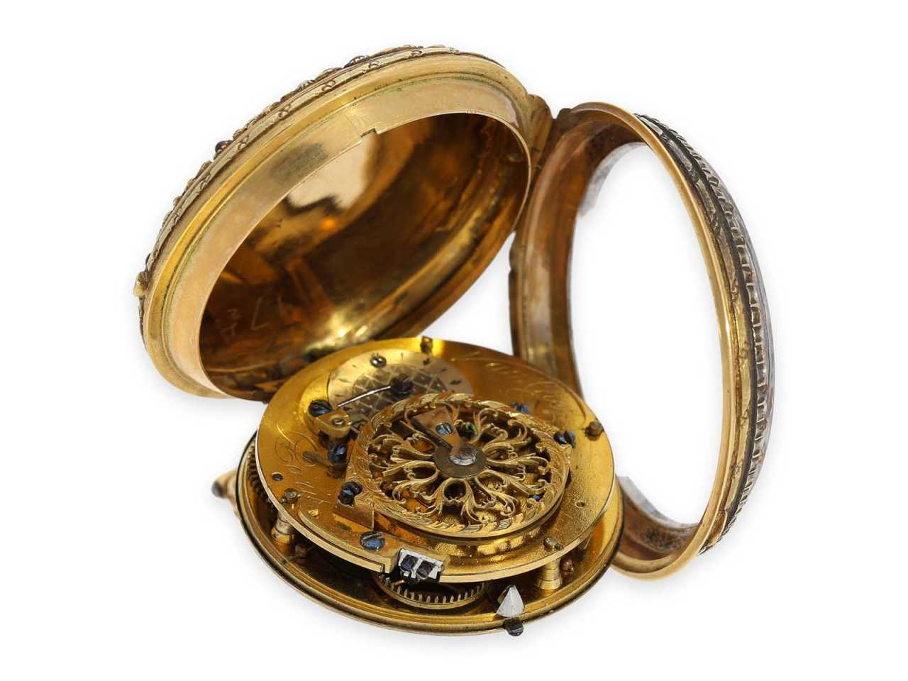 Pocket watch: very fine Gold/enamel Spindeluhr with stone and beaded ...