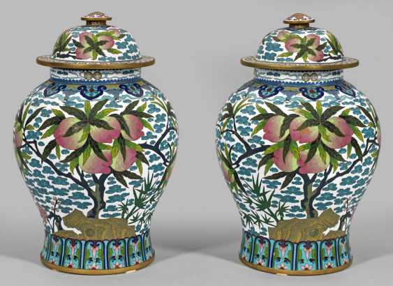 Pair Of Cloisonne Lid Vases With Nine Peaches Decoration Auction