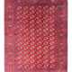 Buchara Westturkestan, wohl um 1950, Wolle auf Wolle, Tekke-Muster mit reich gegliederter Bordüre und Elems, Kelimabschlüsse mit Mustereinträgen, 378/274 cm (mit je ca - photo 1