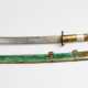 Chinese sword of a honorable person in bowed shape, the blade fluted and with gilded script sings and with damascene decorations - фото 1