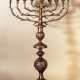 Polish Hanukkah lamp on quadratic base with richly shaped column, chased with flower decorations - фото 1