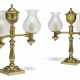 A PAIR OF LACQUERED-BRASS TWO-BRANCH OIL LAMPS - photo 1