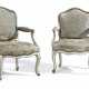 A PAIR OF LOUIS XV WHITE AND BLUE-PAINTED FAUTEUILS - фото 1