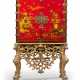 AN ENGLISH BRASS-MOUNTED SCARLET AND GILT-JAPANNED CABINET ON A GILTWOOD STAND - фото 1