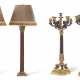 PAIR OF PARCEL-GILT MAHOGANY COLUMNUAR-FORM TABLE LAMPS AND PAIR OF OROMOLU-MOUNTED MARBLE SIX-LIGHT CANDELABRA - Foto 1