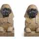 A PAIR OF VEINED YELLOW AND GREY MARBLE SPHINXES - photo 1