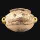 AN EGYPTIAN MOTTLED LIMESTONE AND GOLD FROG VESSEL - photo 1
