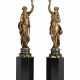 A PAIR OF FRENCH PATINATED-BRONZE FIGURAL TORCHERES, ON PEDESTALS - фото 1