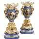A PAIR OF JACOB PETIT PORCELAIN BLUE AND GOLD GROUND RETICULATED VASES ON STANDS - photo 1