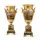 A PAIR JACOB PETIT PORCELAIN GOLD AND FAUX JASPER GROUND VASES ON FIXED STANDS - photo 1