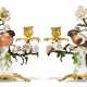 A PAIR OF LOUIS XV PORCELAIN-MOUNTED ORMOLU AND GREEN-PATINATED TWIN-LIGHT CANDELABRA - фото 1