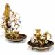 TWO LOUIS XV PORCELAIN-MOUNTED ORMOLU AND BLACK LACQUER CHAMBERSTICKS - photo 1