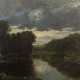 Französischer Maler des 19. Jahrhundert Schule von Barbizon. ''Flusslauf mit Lastkahn'' - фото 1