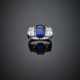 Octagonal ct. 5.50 circa sapphire and step cut diamond shoulders white gold ring - photo 1