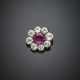 Cushion shape ct. 7.88 ruby and old mine diamond in all ct. 14.00 circa silver and gold cluster pendant/brooch - photo 1