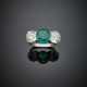 Oval ct. 3.20 circa emerald and cushion shape diamond shoulder white gold ring - photo 1