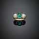Octagonal ct. 1.90 circa emerald and two old mine diamond shoulder yellow gold ring - фото 1