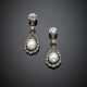 Old mine and rose cut diamond mm 12.90/13.20 circa cultured pearl silver and 9K gold garland pendant earrings - photo 1