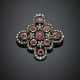 Round faceted and cabochon ruby diamond silver and gold brooch - фото 1