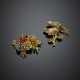Yellow gold and enamel lot comprising a diamond accented flower brooch and a parrots brooch - фото 1