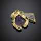 Hyaline and ametrine carved quartz yellow gold brooch accented with cabochon emerald - фото 1