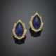 Pear shape cabochon lapis and diamond yellow gold earclips - photo 1