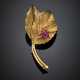 Yellow partly glazed gold leaf brooch accented with synthetic rubies - photo 1