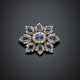 Round diamond and oval sapphire silver and gold stylized flower brooch - photo 1