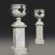A PAIR OF ITALIAN PATINATED-BRONZE MOUNTED WHITE MARBLE VASES ON PEDESTALS - фото 1